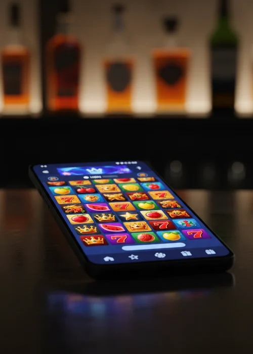 Excited player on a mobile phone accessing Elephant Casino's wide range of slot games and live dealer tables, with a vibrant bonus banner in the background.